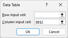 Data Table dialog on Rate Table with Column input cell set to $B$2