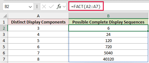 Count Complete Display Sequences: formula in B2 and its calculated results in Excel.