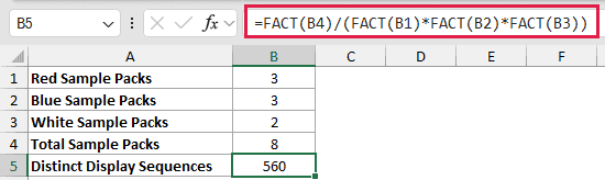 Arrange Identical Sample Packs: formula in B5 and its calculated results in Excel.