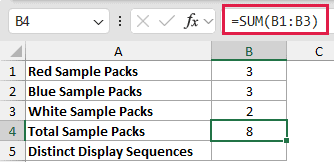Arrange Identical Sample Packs: formula in B4 and its calculated results in Excel.