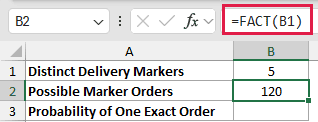 Probability of One Exact Order: formula in B2 and its calculated results in Excel.
