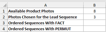 Choose Part of a Set in Order: input data and result placeholders in Excel.
