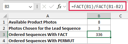 Choose Part of a Set in Order: formula in B3 and its calculated results in Excel.