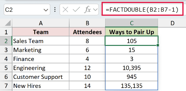 =FACTDOUBLE(B2:B7-1) in C2
