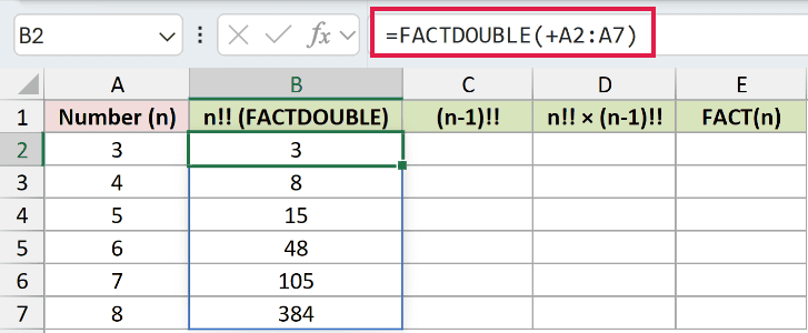 =FACTDOUBLE(+A2:A7) in B2