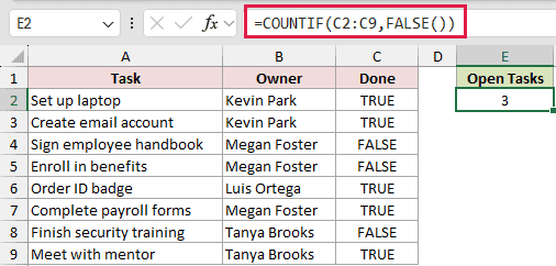 =COUNTIF(C2:C9,FALSE()) in E2