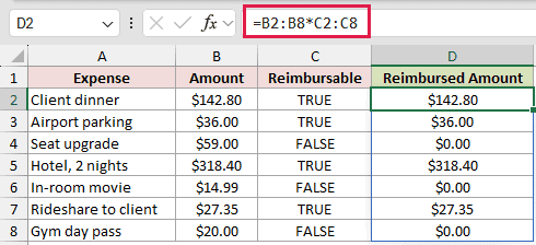 =B2:B8*C2:C8 in D2