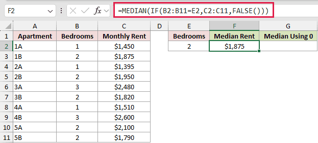 =MEDIAN(IF(B2:B11=E2,C2:C11,FALSE())) in F2