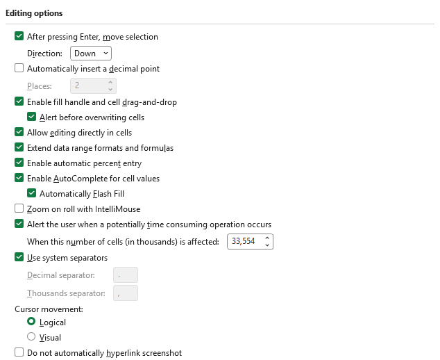 Excel Advanced Options menu showing the Automatically Flash Fill checkbox enabled under the Editing options section