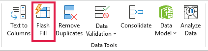 Excel ribbon Data Tools tab with the Flash Fill button highlighted by a red border