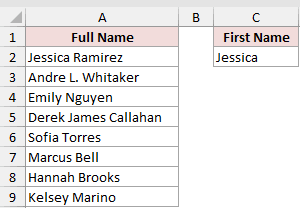 Excel spreadsheet showing a blank column B between full names in column A and first names in column C