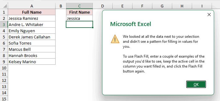 Excel Flash Fill warning after a blank column separates the full names and first-name result