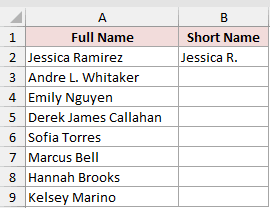Excel spreadsheet with Full Names in column A and a single example of a Short Name in cell B2