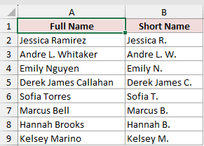 Excel sheet showing Full Name in column A and corresponding Short Name in column B with inconsistent middle initial logic