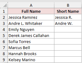 Excel spreadsheet showing full names in column A and two examples of short names in column B, leaving subsequent rows blank