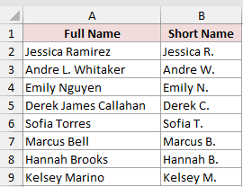 Excel spreadsheet showing full names in column A and corresponding short names in column B, demonstrating Flash Fill
