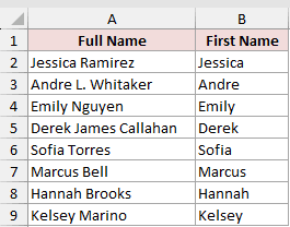Excel spreadsheet showing full names in column A and extracted first names in column B, demonstrating Flash Fill success