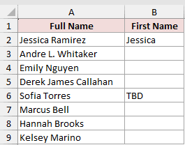 Excel spreadsheet showing full names in column A and inconsistent first name entries in column B causing Flash Fill errors