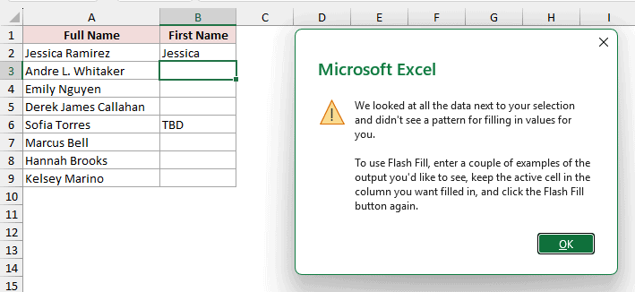 Excel result column with Jessica and TBD already entered, preventing Flash Fill from filling the blanks