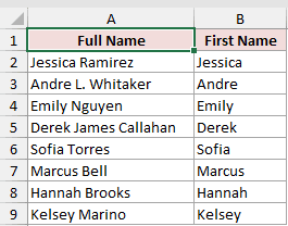 Excel spreadsheet showing column A with full names and column B with extracted first names correctly filled by Flash Fill