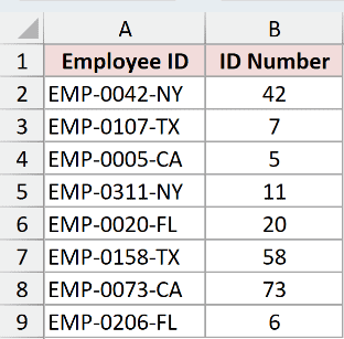 Excel table showing Flash Fill returning wrong ID numbers, keeping only the last two digits of each employee ID