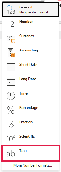 Excel Number Format menu with Text highlighted for the selected ID number cells