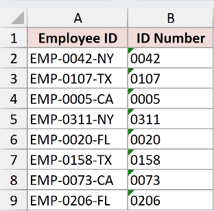 Excel spreadsheet showing ID numbers extracted from employee codes, with green error triangles indicating leading zeros