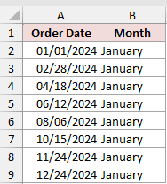 Excel table showing Flash Fill incorrectly extracting January for dates across different months in column B