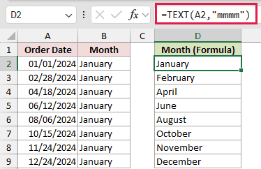 Excel formula =TEXT(A2,"mmmm") used to correctly extract month names from dates, fixing Flash Fill errors