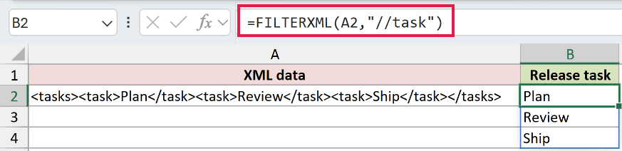 =FILTERXML(A2,"//task") in B2
