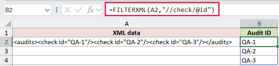 =FILTERXML(A2,"//check/@id") in B2
