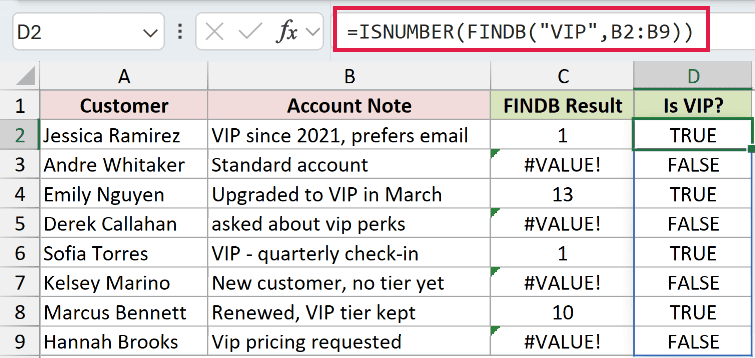 =ISNUMBER(FINDB("VIP",B2:B9)) in D2