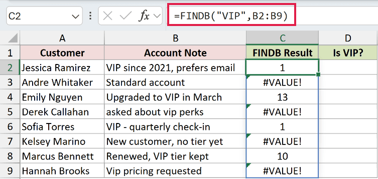 =FINDB("VIP",B2:B9) in C2