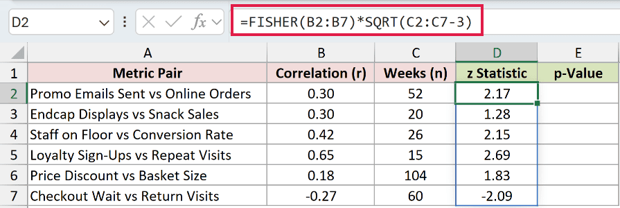 =FISHER(B2:B7)*SQRT(C2:C7-3) in D2