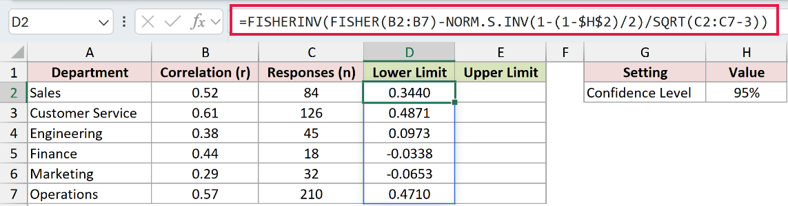 =FISHERINV(FISHER(B2:B7)-NORM.S.INV(1-(1-$H$2)/2)/SQRT(C2:C7-3)) in D2