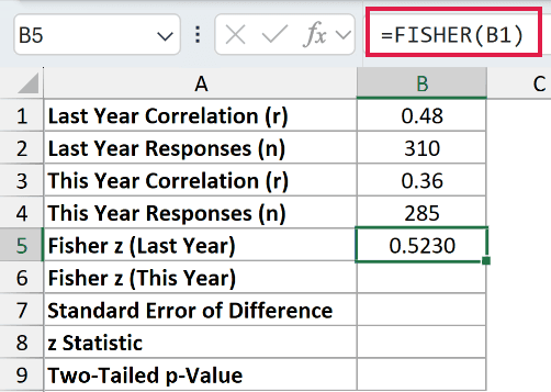 =FISHER(B1) in B5