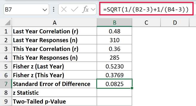 =SQRT(1/(B2-3)+1/(B4-3)) in B7