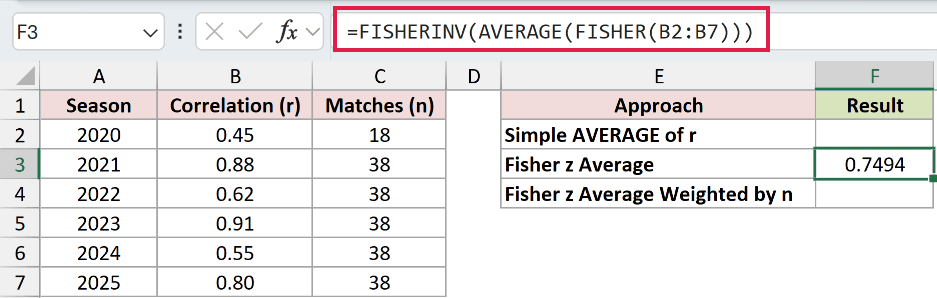 =FISHERINV(AVERAGE(FISHER(B2:B7))) in F3