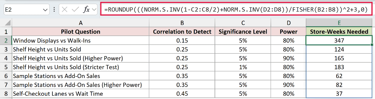 =ROUNDUP(((NORM.S.INV(1-C2:C8/2)+NORM.S.INV(D2:D8))/FISHER(B2:B8))^2+3,0) in E2