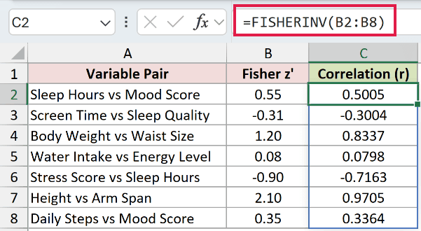 =FISHERINV(B2:B8) in C2