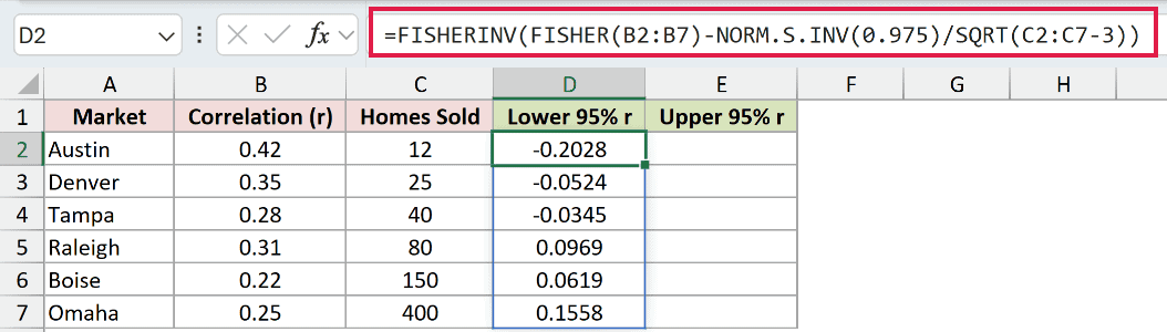 =FISHERINV(FISHER(B2:B7)-NORM.S.INV(0.975)/SQRT(C2:C7-3)) in D2