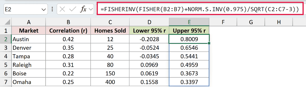 =FISHERINV(FISHER(B2:B7)+NORM.S.INV(0.975)/SQRT(C2:C7-3)) in E2