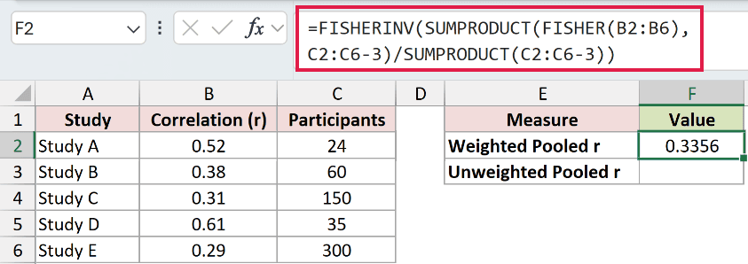 =FISHERINV(SUMPRODUCT(FISHER(B2:B6),C2:C6-3)/SUMPRODUCT(C2:C6-3)) in F2