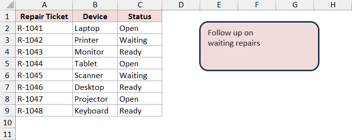 Shape beside repair-ticket data in Excel