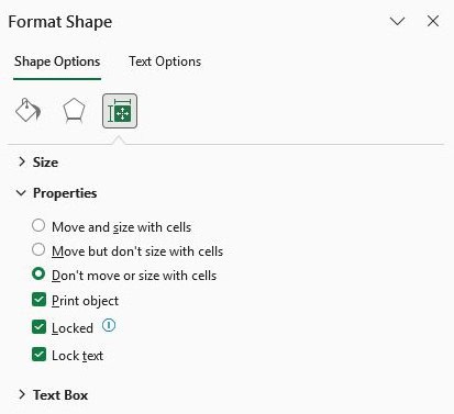 Shape Properties showing Don’t move or size with cells