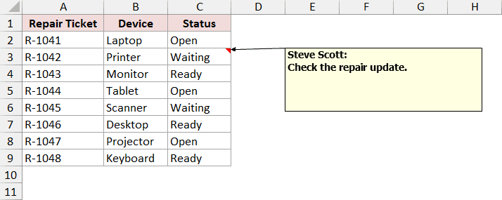 Steve Scott note attached to the repair status cell