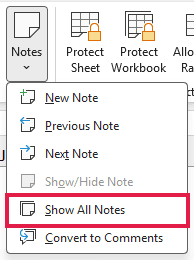 Show All Notes in the Review tab Notes menu