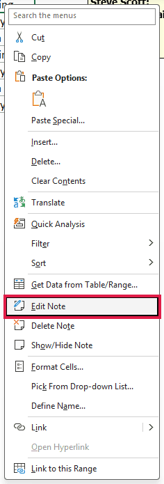 Edit Note on the cell context menu