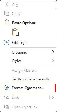 Format Comment command on the selected note border menu