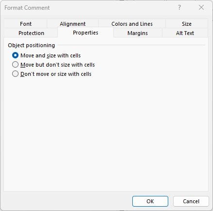 Format Comment Properties with Move and size with cells selected